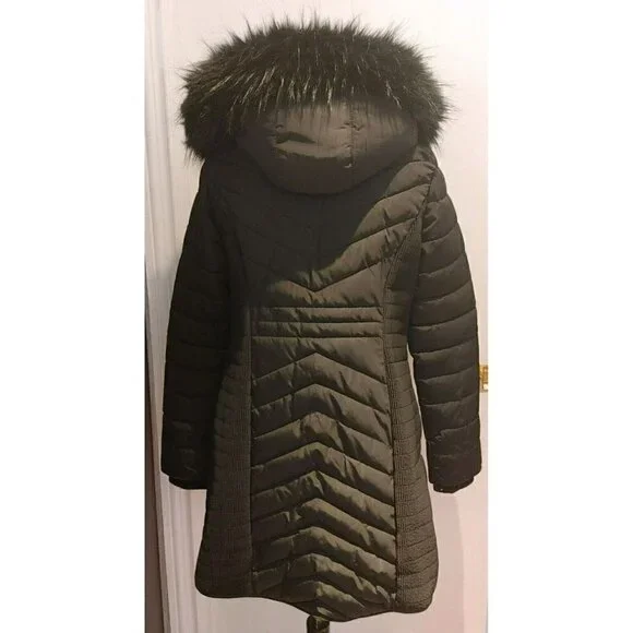 DKNY Black Quilted Puffer Coat Removable Faux Fur Hood Size Small - Picture 3 of 8